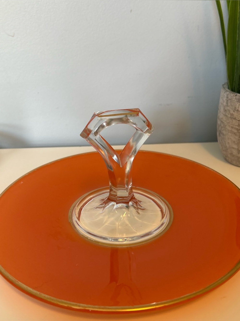 Vintage Orange Glass Pedestal Plate
Gold Rim MCM